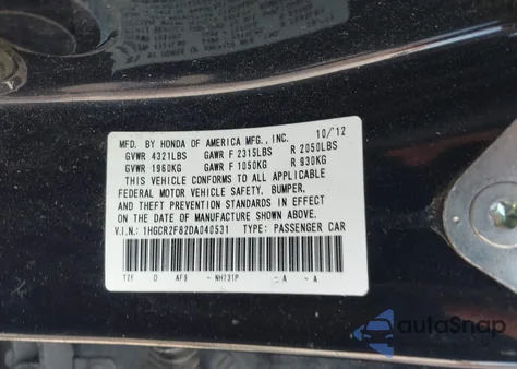 2013 Honda Accord Ex-L z USA, uszkodzony, nr VIN 1HGCR2F82DA040531